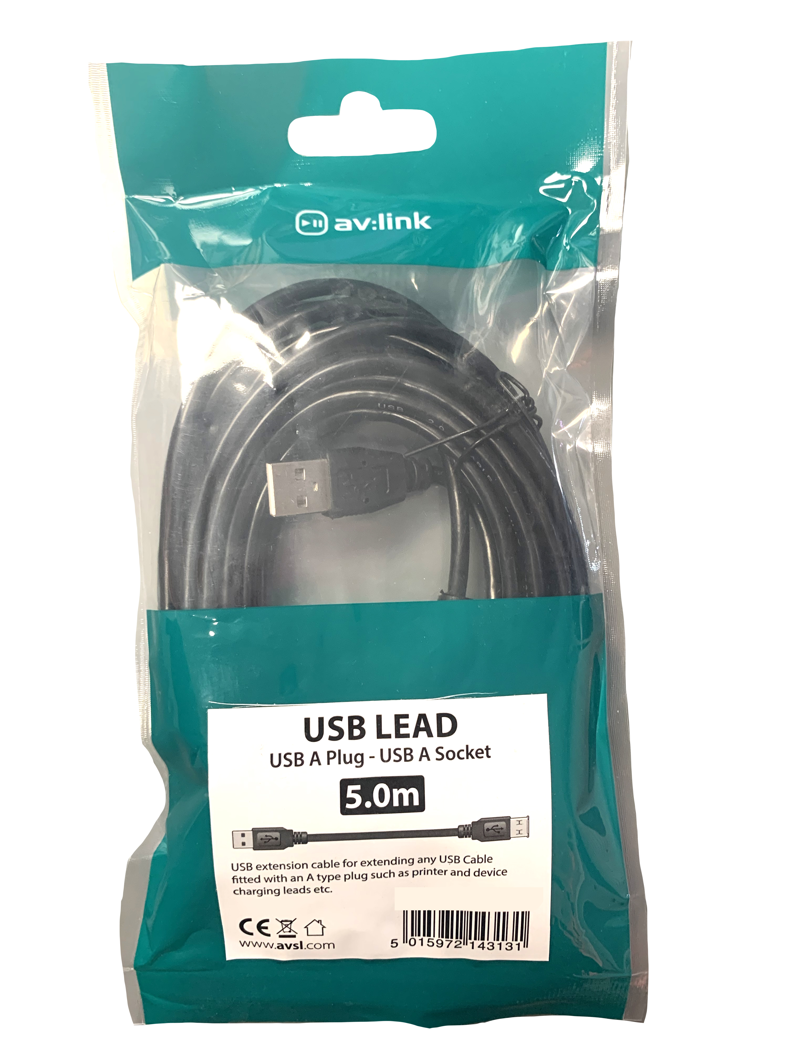 5m USB 2.0 Type A Plug to Type A Socket Lead